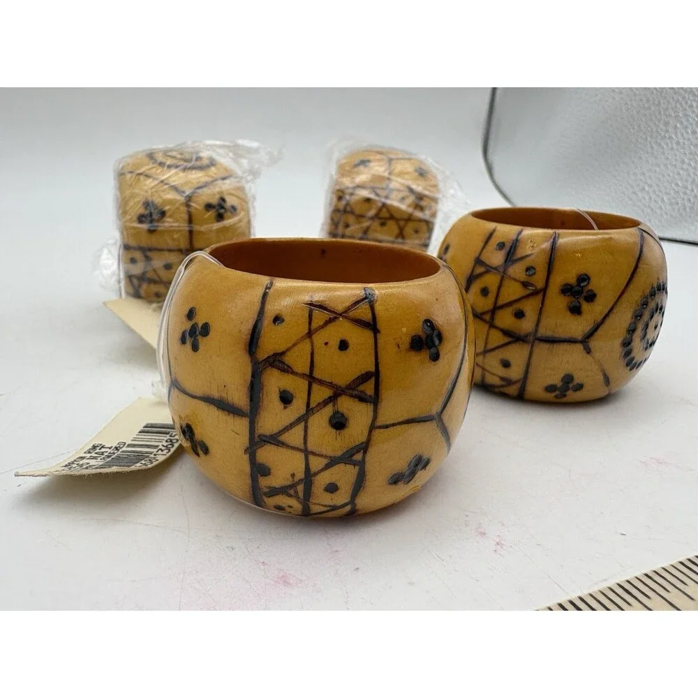 Pier 1 Imports Wood Napkin Rings Set of 4 Hand Painted Tribal Boho Rustic